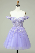 A Line Off the Shoulder Lilac Corset Homecoming Dress with Appliques Y2168 by simplepromdress