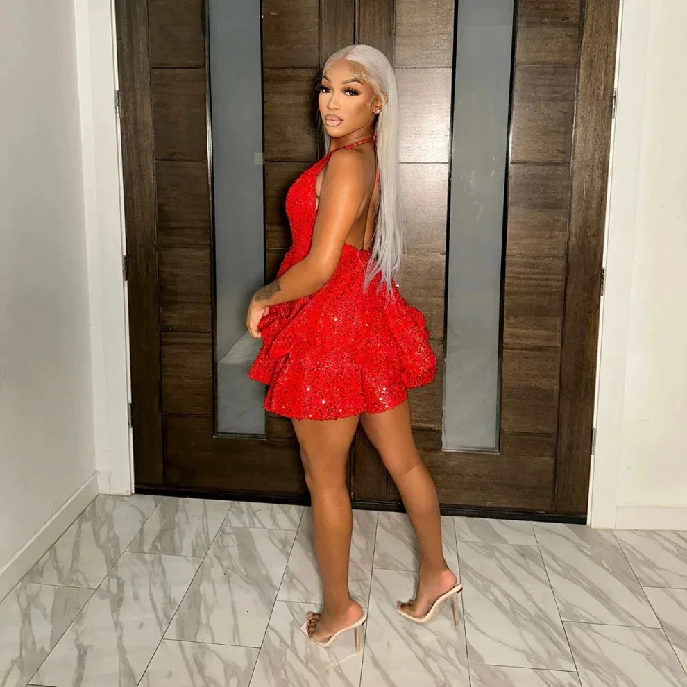 Red Sequin Tiered Homecoming Dress 18th Birthday Party Dress Y2444 by simplepromdress