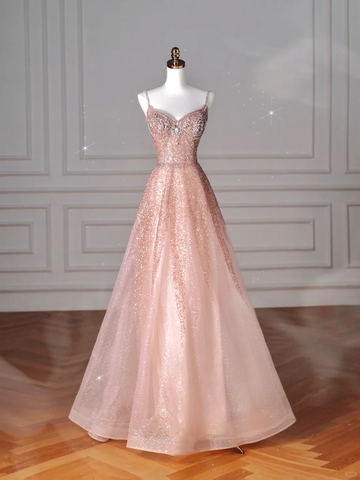 Glitter Pink Tulle Sequins Beaded Prom Dress Spaghetti Straps A Line Evening Dress Y8619