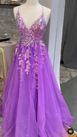 Purple V Neck Tulle Lace Appliques Long Prom Dress High Slit Evening Dress Y7847