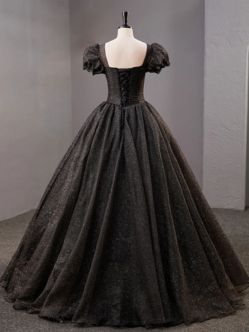 Black Square Neckline Tulle Long Prom Dress Shiny Black Evening Dresses Y4386