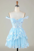 Sparkly Blue Corset Tiered Lace A-Line Short Homecoming Dress Y4083 by simplepromdress