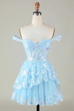 Sparkly Blue Corset Tiered Lace A-Line Short Homecoming Dress Y4083 by simplepromdress