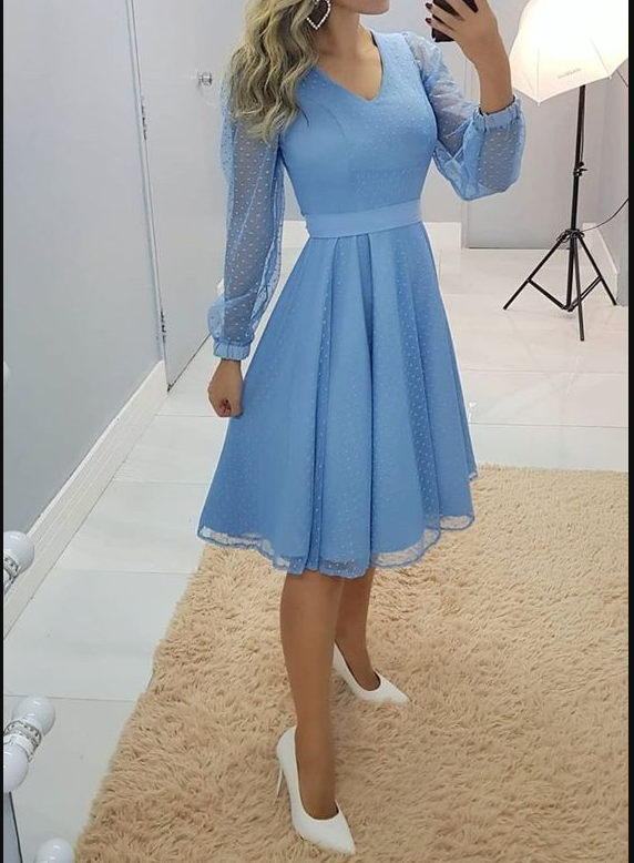 A-line Blue Long Sleeves Party Dress,Blue Homecoming Dress Y6045 Hover Image