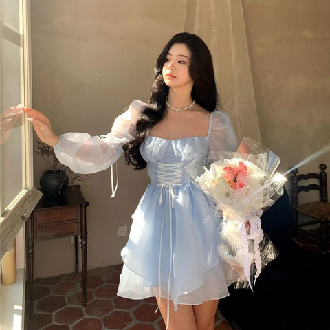 Blue A-line Princess Dress Blue Long Sleeves Homecoming Dress Blue Fairy Dress Y6083
