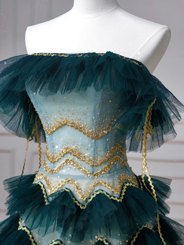 Vestido de fiesta vintage de tul verde oscuro con lentejuelas, corte A, sin tirantes, Y8606