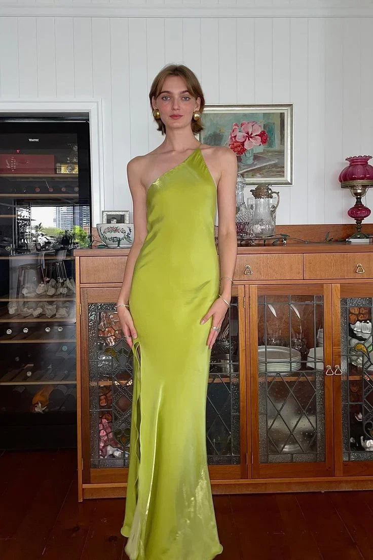 Elegant Green Sheath One Shoulder Long Party Prom Dress With Slit Backless Evening Dress Y8550 by simplepromdress