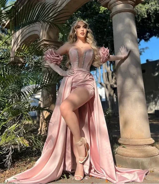 Glamorous Pink Satin Beaded Mermaid Slit Prom Dress Evening Dress With Gloves Y8534 by simplepromdress
