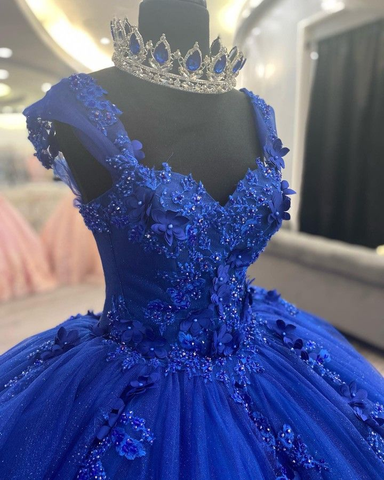 Vestido de fiesta de tul con apliques azul rey, vestido de 16 años, vestido de princesa, Y2478