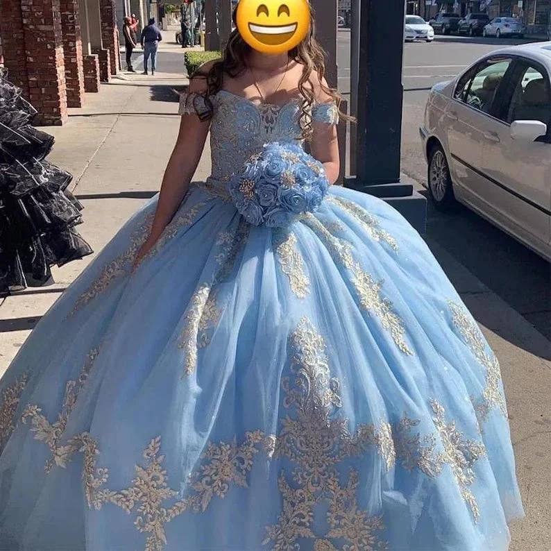 Baby Blue Ball Gown Quinceanera Dresses Off the Shoulder with Sleeves Sweet 16 Birthday Party Gowns Y403 by simplepromdress
