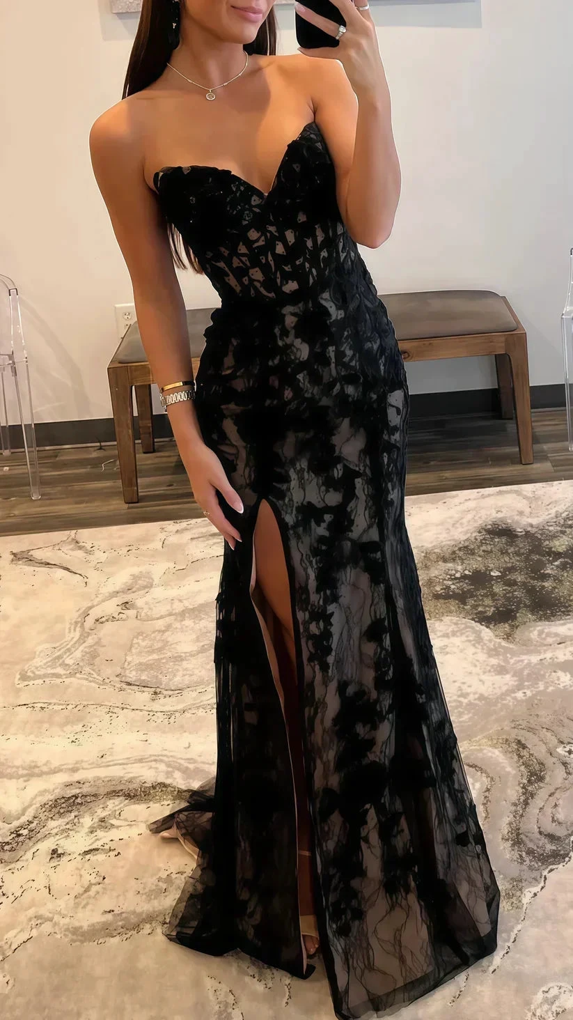 Black Evening Dress Sexy Strapless Sweetheart Lace Slit Mermaid Prom Dress Y8017 by simplepromdress