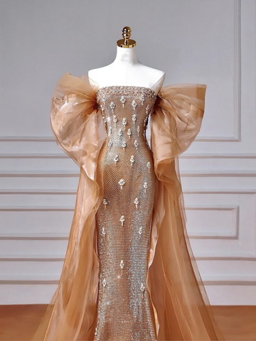 Luxury Off The Shoulder Tulle Beaded Prom Dress Long Mermaid Evening Dress Y8610
