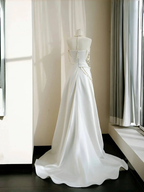 Classy Strapless Satin Pearls Chain White Prom Dress A Line Evening Dress Y8684 by simplepromdress