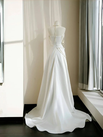 Classy Strapless Satin Pearls Chain White Prom Dress A Line Evening Dress Y8684 by simplepromdress