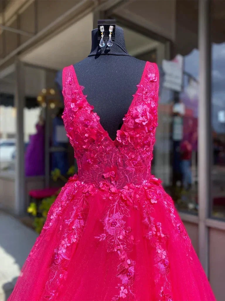 V Neck Pink Lace Prom Dresses, Pink V Neck Long Lace Formal Evening Dresses Y227 by simplepromdress
