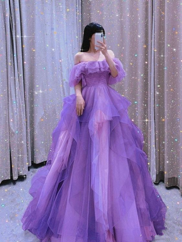 Off The Shoulder Purple A-line Tulle Evening Dress Princess Dress Y5627