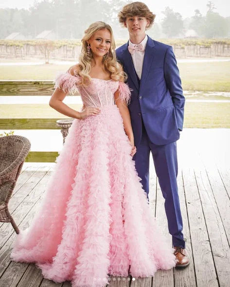 Pink Tulle Ruffled Gown Tulle Prom Dress Corset Tulle Evening Dress Y6093 by simplepromdress