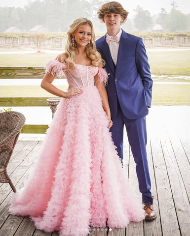 Pink Tulle Ruffled Gown Tulle Prom Dress Corset Tulle Evening Dress Y6093