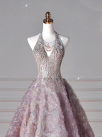 Glamorous Halter Purple Tulle Flowers Beaded Prom Dress,A Line Evening Dress Wedding Dress Y8625 by simplepromdress