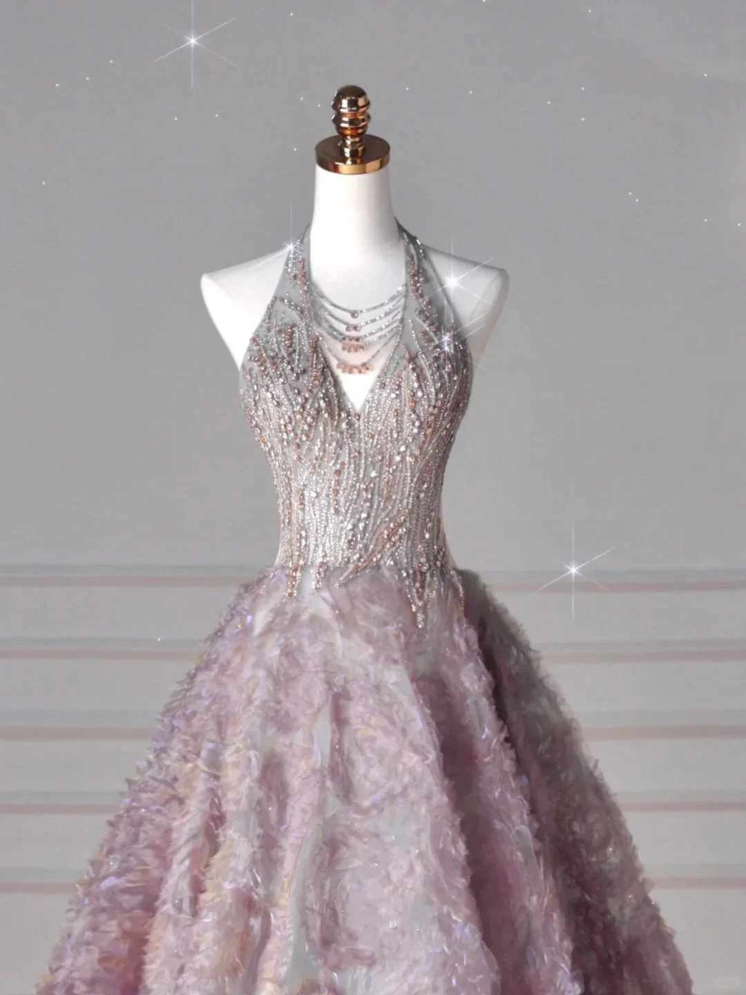 Glamorous Halter Purple Tulle Flowers Beaded Prom Dress,A Line Evening Dress Wedding Dress Y8625 by simplepromdress
