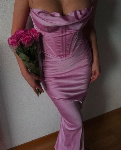 Simple Spaghetti Straps Lavender Satin Evening Dress Sheath Party Prom Dress Y8094