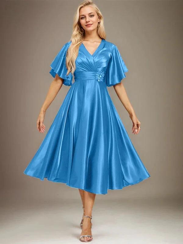 A-line V-Neck Tea-Length Stretch Satin Mother of the Bride Dress With Beading Pleated by Dreamylily