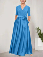 Surplice Neckline Ballgown with Full Satin Skirt & Jersey Bodice by Dreamylily