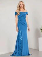 A-Line Off the Shoulder Floor-Length Mother of the Bride Dress Applique Beadings Mermaid Dress With High Split by Dreamylily