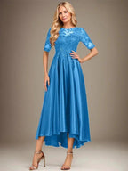 A-line Scoop Illusion Asymmetrical Stretch Satin Lace Mother of the Bride Dress With Sequins by Dreamylily