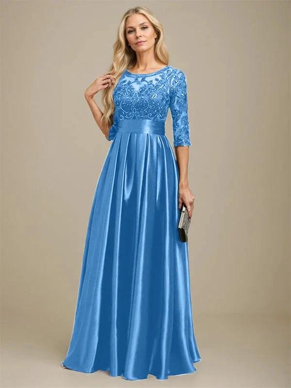 A-line Scoop Illusion Floor-Length Stretch Satin Lace Mother of the Bride Dress With Bow Sequins by Dreamylily