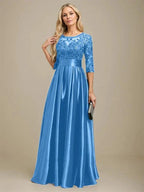 A-line Scoop Illusion Floor-Length Stretch Satin Lace Mother of the Bride Dress With Bow Sequins by Dreamylily