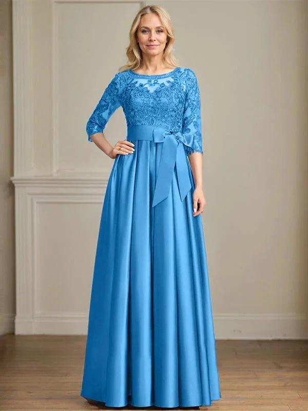 A-line Scoop Illusion Floor-Length Satin Lace Mother of the Bride Dress With Sequins Bow by Dreamylily