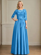A-line Scoop Illusion Floor-Length Satin Lace Mother of the Bride Dress With Sequins Bow by Dreamylily