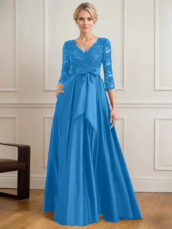 A-line V-Neck Floor-Length Satin Lace Mother of the Bride Dress With Sequins Bow by Dreamylily