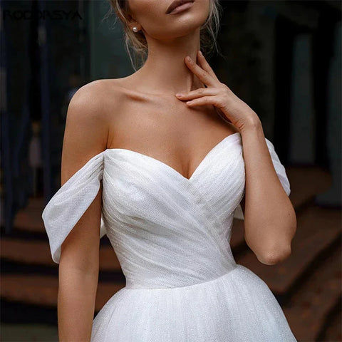 Schulterfreies Glitzer-Tüll-Brautkleid mit herzförmigem Ausschnitt und Schleppe für die Braut, Robe de Mariée, Strand, Sweep-Schleppe für Frauen 