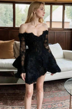Off-Shoulder Long Sleeve Black Homecoming Dress With Beading PD530 by pgmdress