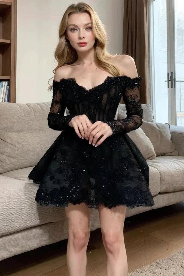 Off-Shoulder Long Sleeve Black Homecoming Dress With Beading PD530 by pgmdress