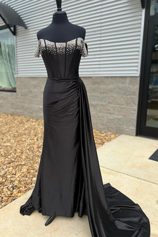 Schulterfreies, langes Meerjungfrauen-Ballkleid in Schwarz mit Perlenbesatz PSK611