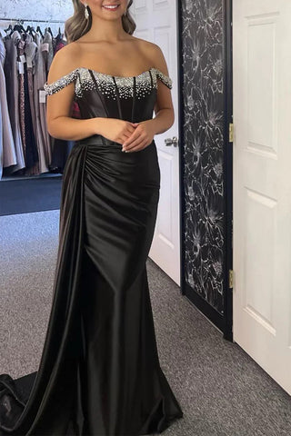 Schulterfreies, langes Meerjungfrauen-Ballkleid in Schwarz mit Perlenbesatz PSK611