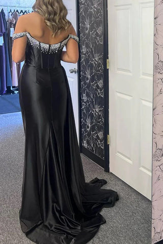 Schulterfreies, langes Meerjungfrauen-Ballkleid in Schwarz mit Perlenbesatz PSK611