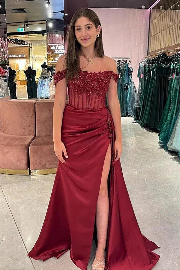 Off-Shoulder Mermaid Floral Long Prom Dress with Slit PSK502 by pgmdress