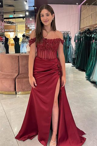 Vestido de fiesta largo con hombros descubiertos, corte sirena, floral y abertura PSK502