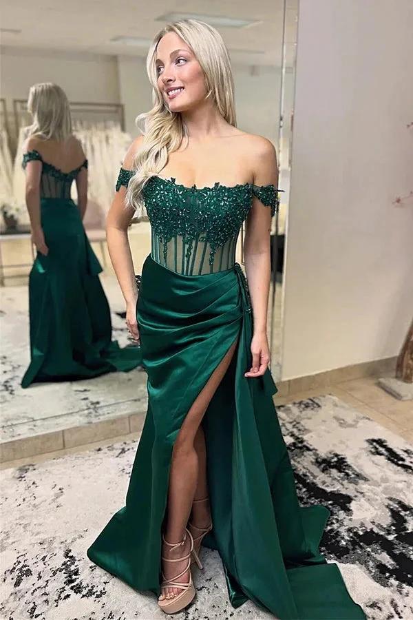 Off-Shoulder Mermaid Floral Long Prom Dress with Slit PSK502 by pgmdress