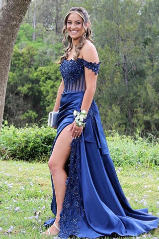 Vestido de fiesta largo con hombros descubiertos, corte sirena, floral y abertura PSK502