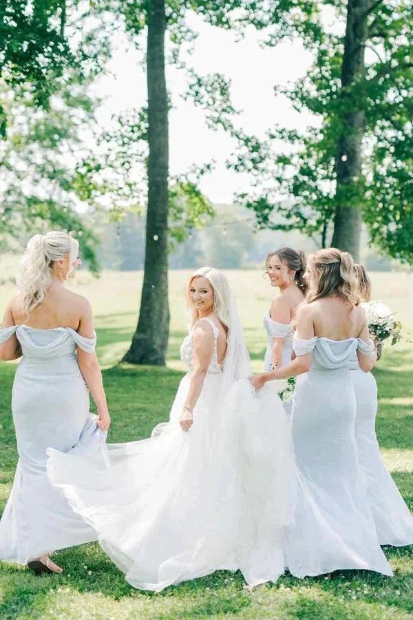 Off-Shoulder Pleated Light Blue Long Bridesmaid Dress with Split BD142 by pgmdress