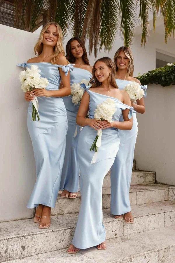 Off-Shoulder Sheath Pleated Satin Light Blue Bridesmaid Dress BD136 by pgmdress
