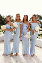 Off-Shoulder Sheath Pleated Satin Light Blue Bridesmaid Dress BD136 by pgmdress