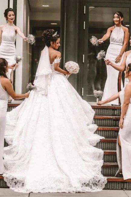 Off The Shoulder A-Line White Wedding Dress Romantic Bridal Gowns by misshow.com