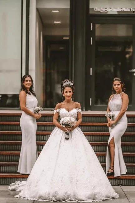 Off The Shoulder A-Line White Wedding Dress Romantic Bridal Gowns by misshow.com