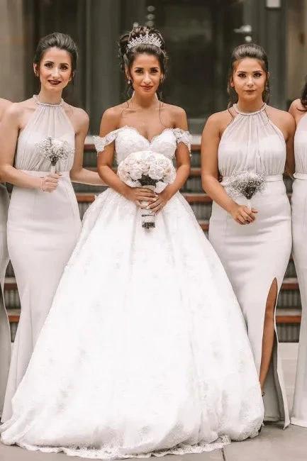 Off The Shoulder A-Line White Wedding Dress Romantic Bridal Gowns by misshow.com